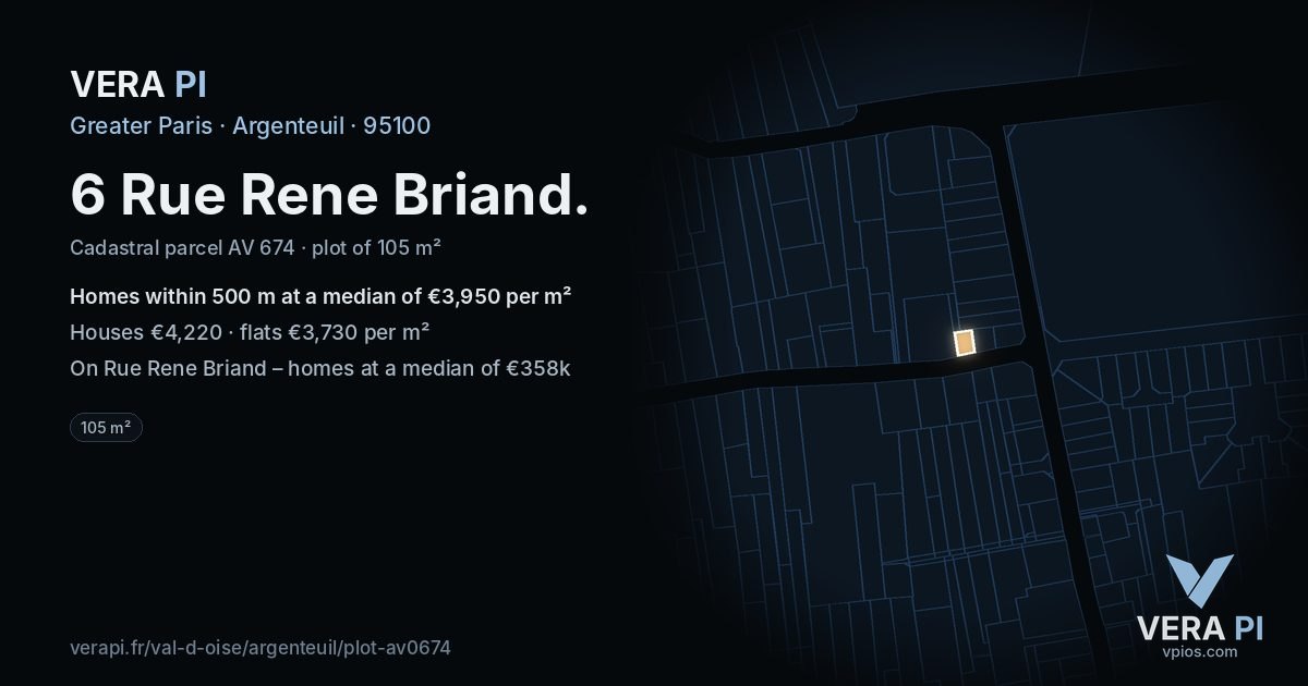 6 Rue Rene Briand, Argenteuil at night – the plot lit, the parcels around coloured by the prices near them