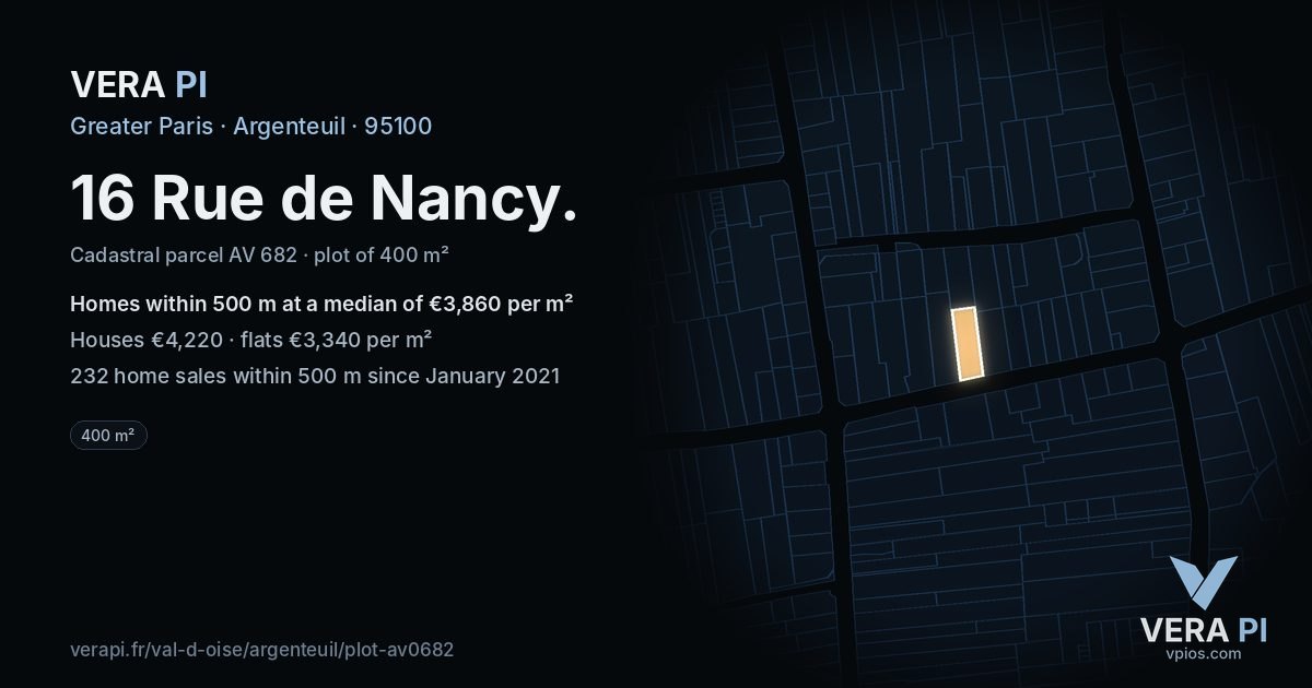 16 Rue de Nancy, Argenteuil at night – the plot lit, the parcels around coloured by the prices near them
