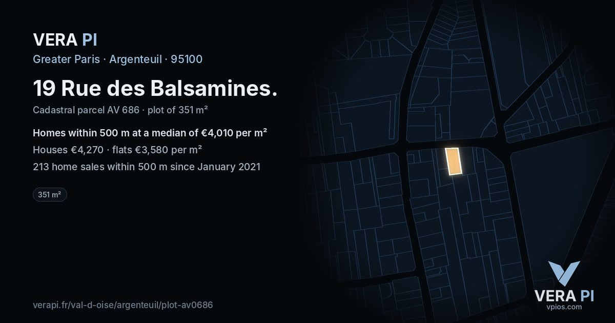 19 Rue des Balsamines, Argenteuil at night – the plot lit, the parcels around coloured by the prices near them