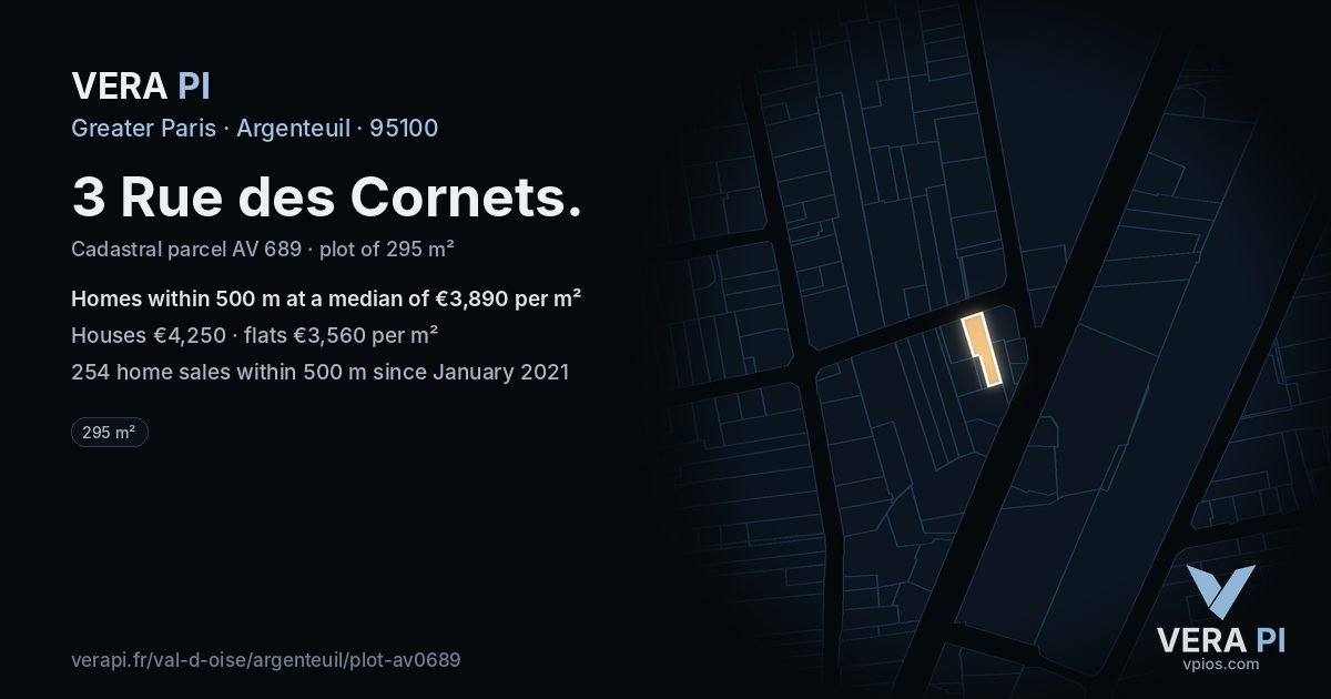3 Rue des Cornets, Argenteuil at night – the plot lit, the parcels around coloured by the prices near them