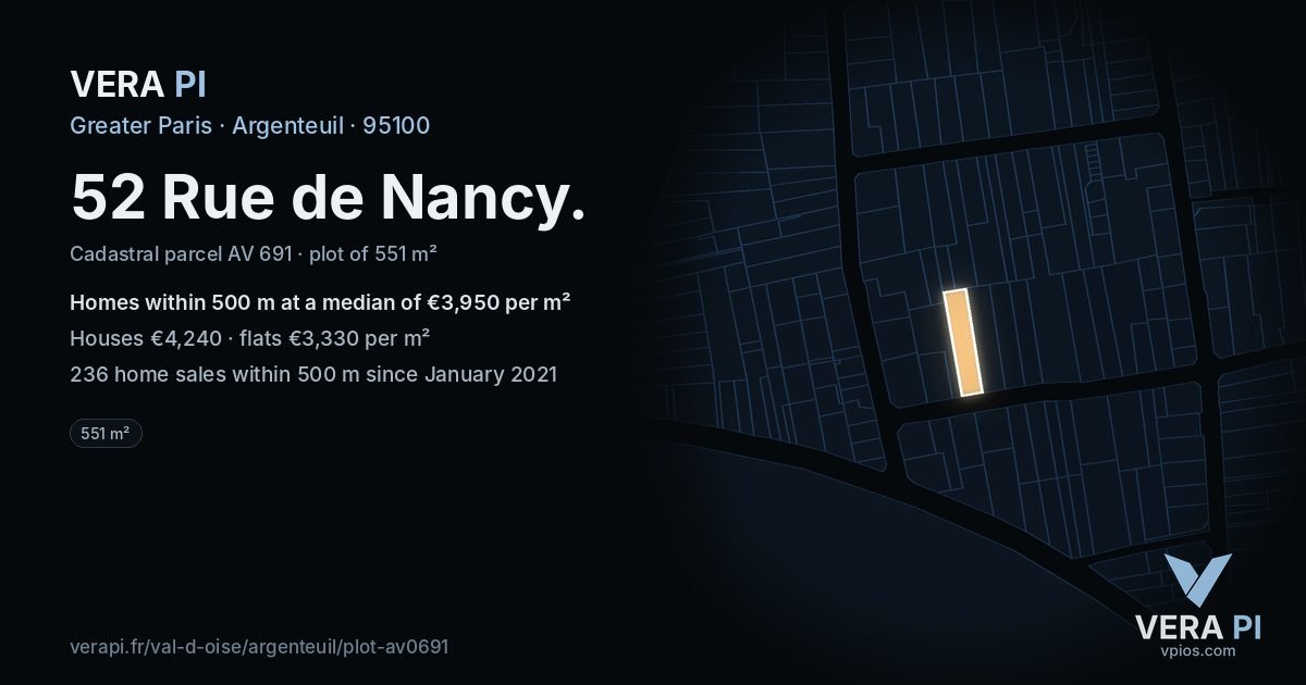 52 Rue de Nancy, Argenteuil at night – the plot lit, the parcels around coloured by the prices near them