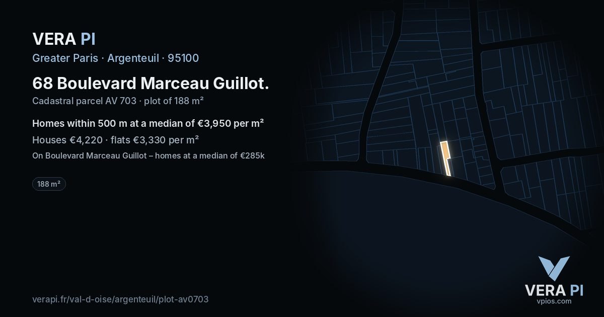 68 Boulevard Marceau Guillot, Argenteuil at night – the plot lit, the parcels around coloured by the prices near them