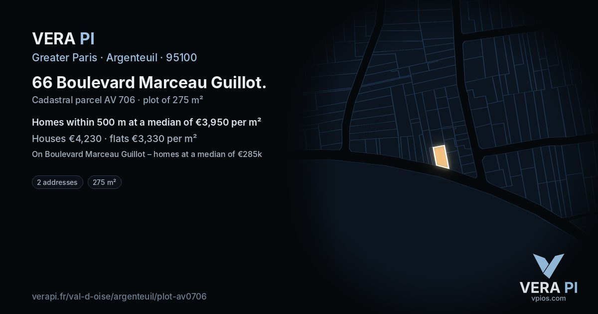 66 Boulevard Marceau Guillot, Argenteuil at night – the plot lit, the parcels around coloured by the prices near them
