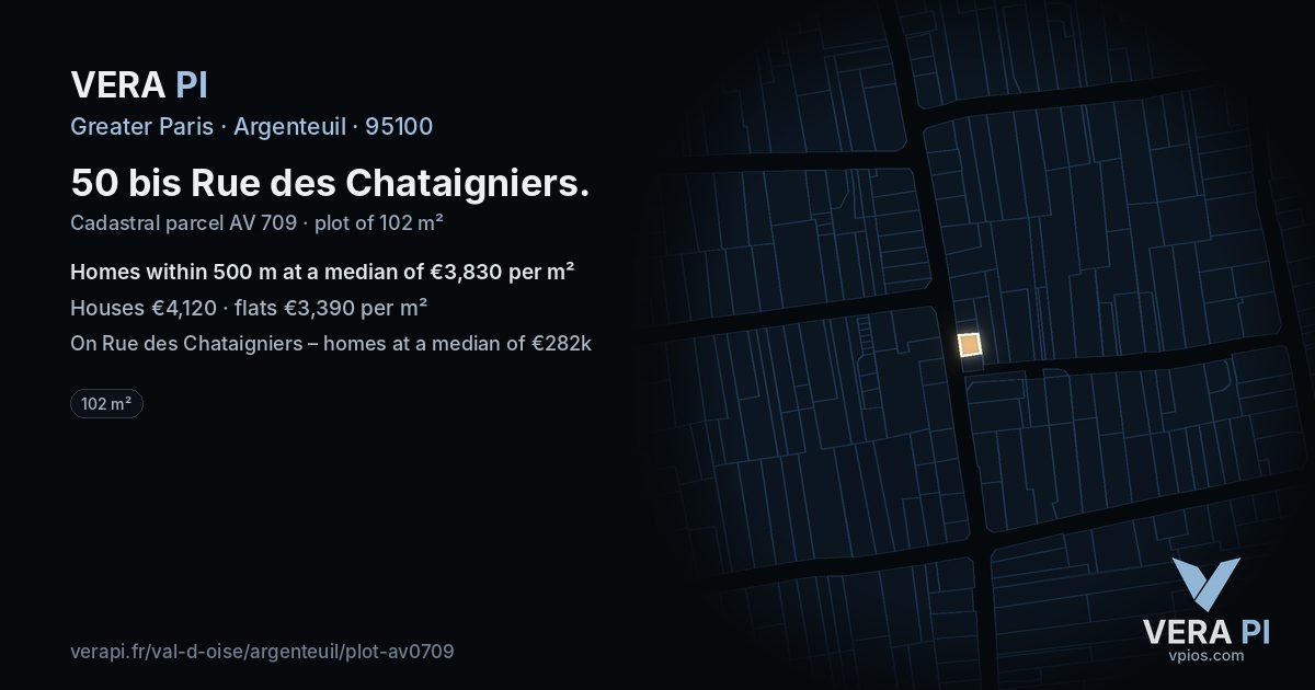 50 bis Rue des Chataigniers, Argenteuil at night – the plot lit, the parcels around coloured by the prices near them