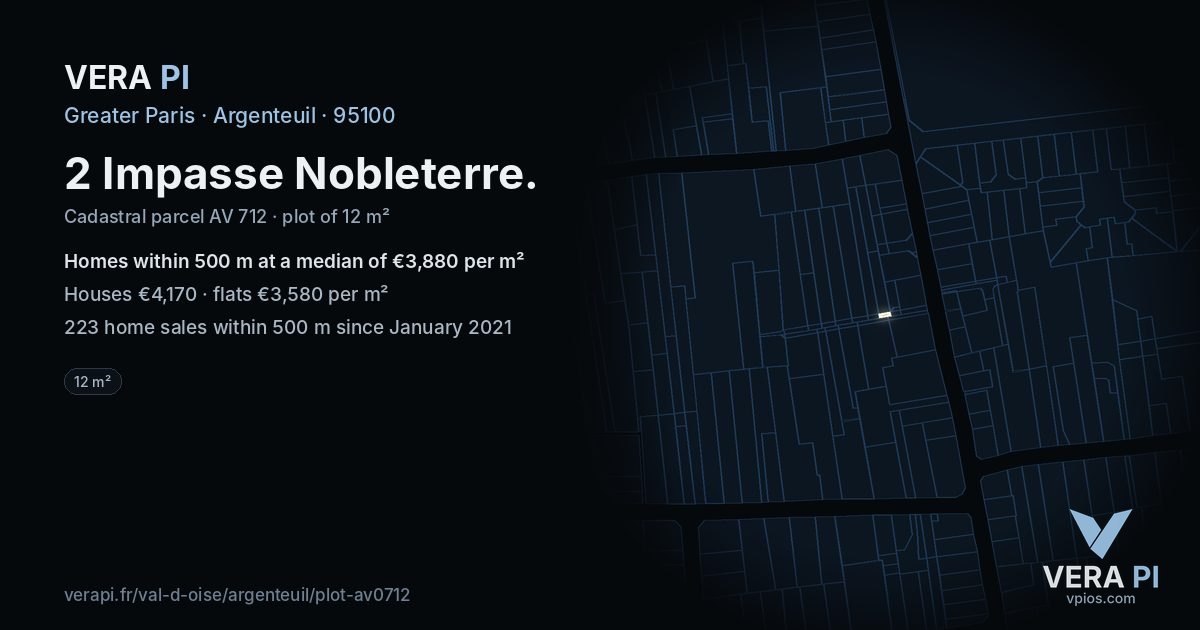 2 Impasse Nobleterre, Argenteuil at night – the plot lit, the parcels around coloured by the prices near them
