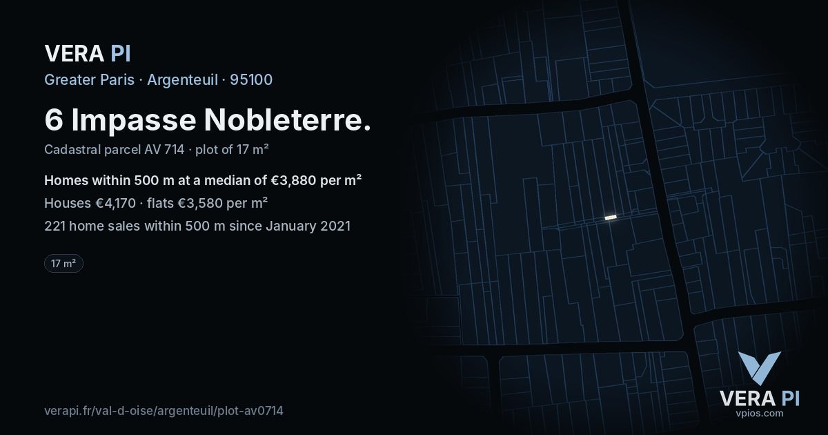 6 Impasse Nobleterre, Argenteuil at night – the plot lit, the parcels around coloured by the prices near them
