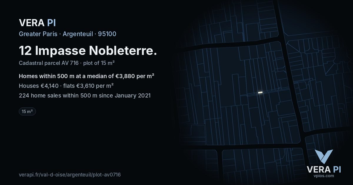 12 Impasse Nobleterre, Argenteuil at night – the plot lit, the parcels around coloured by the prices near them