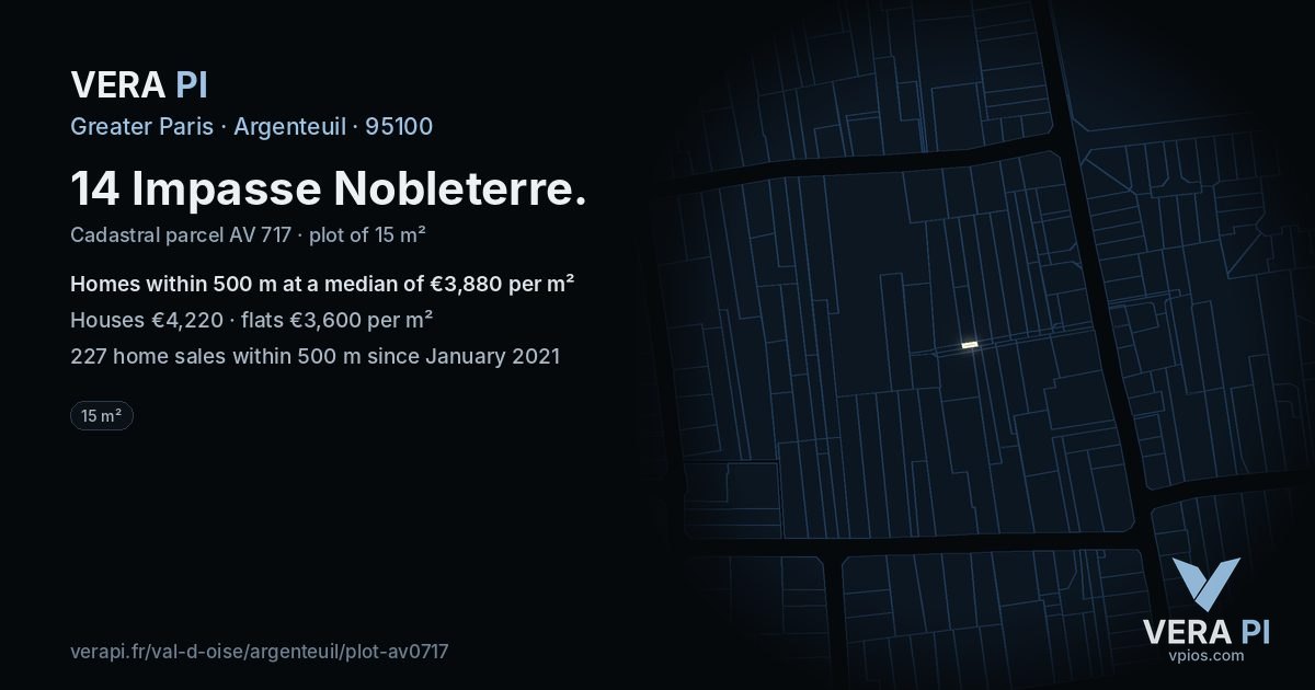 14 Impasse Nobleterre, Argenteuil at night – the plot lit, the parcels around coloured by the prices near them