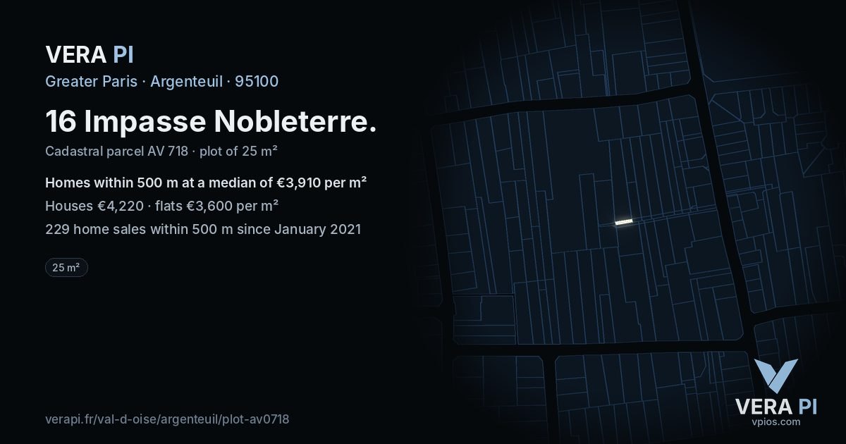 16 Impasse Nobleterre, Argenteuil at night – the plot lit, the parcels around coloured by the prices near them