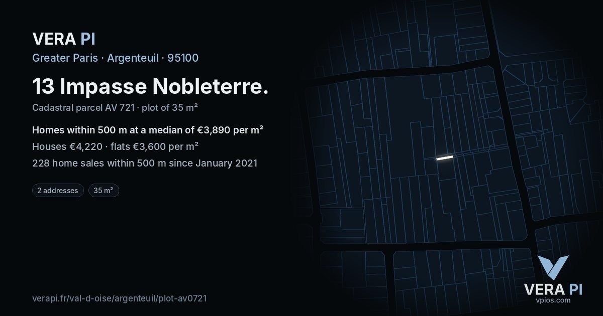 13 Impasse Nobleterre, Argenteuil at night – the plot lit, the parcels around coloured by the prices near them