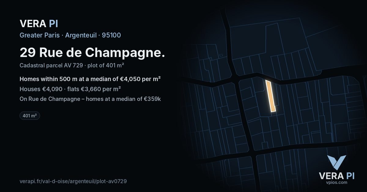 29 Rue de Champagne, Argenteuil at night – the plot lit, the parcels around coloured by the prices near them