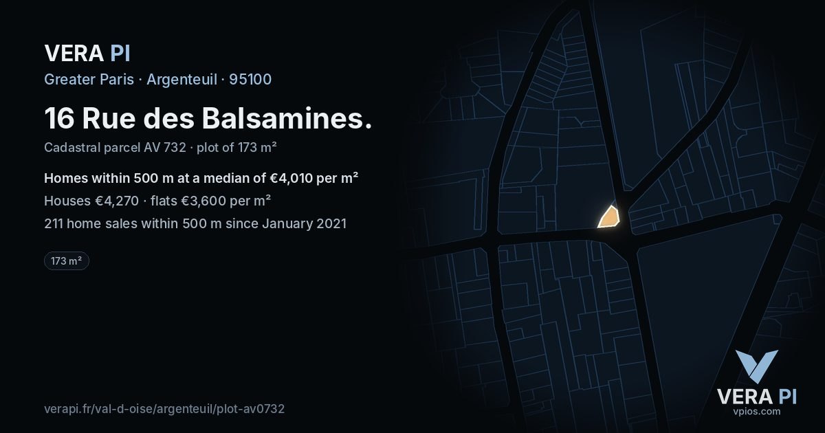 16 Rue des Balsamines, Argenteuil at night – the plot lit, the parcels around coloured by the prices near them