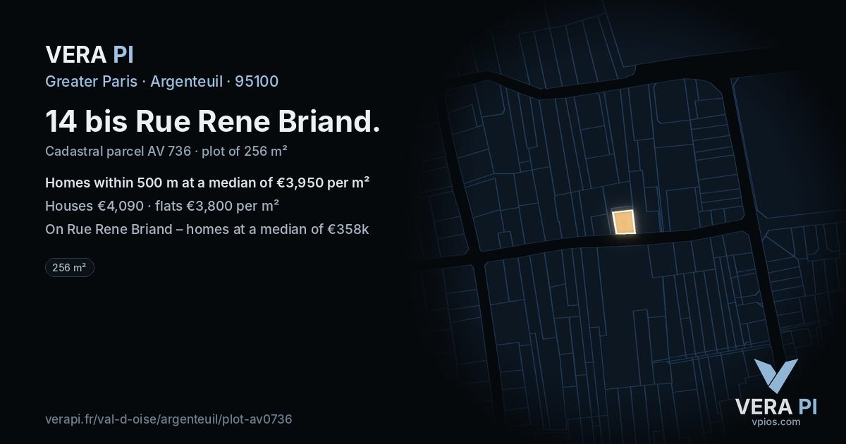 14 bis Rue Rene Briand, Argenteuil at night – the plot lit, the parcels around coloured by the prices near them
