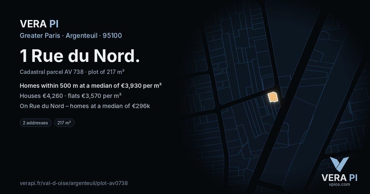 1 Rue du Nord, Argenteuil at night – the plot lit, the parcels around coloured by the prices near them