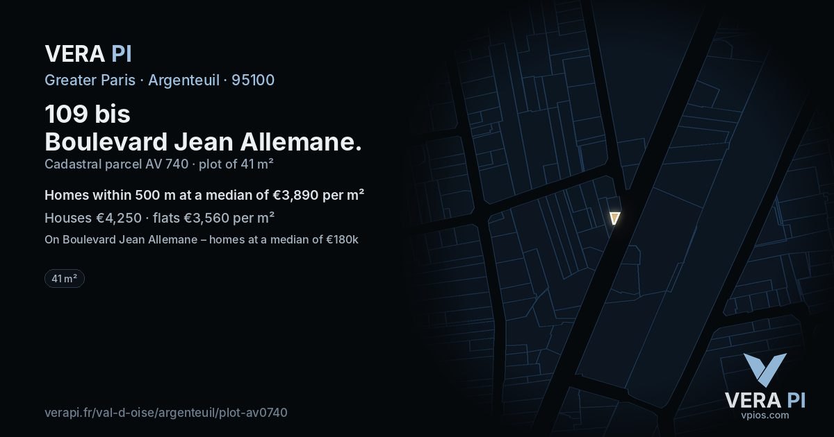 109 bis Boulevard Jean Allemane, Argenteuil at night – the plot lit, the parcels around coloured by the prices near them