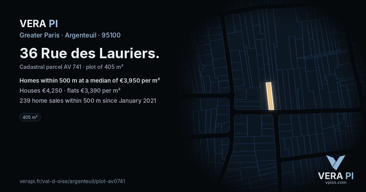 36 Rue des Lauriers, Argenteuil at night – the plot lit, the parcels around coloured by the prices near them
