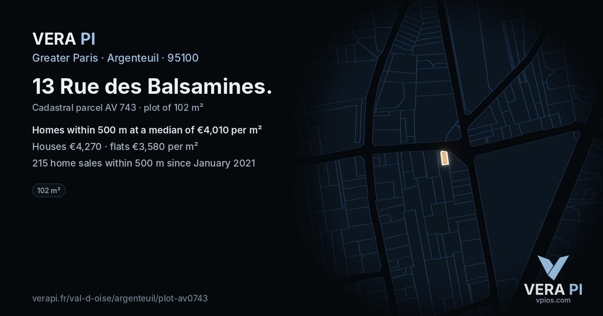13 Rue des Balsamines, Argenteuil at night – the plot lit, the parcels around coloured by the prices near them