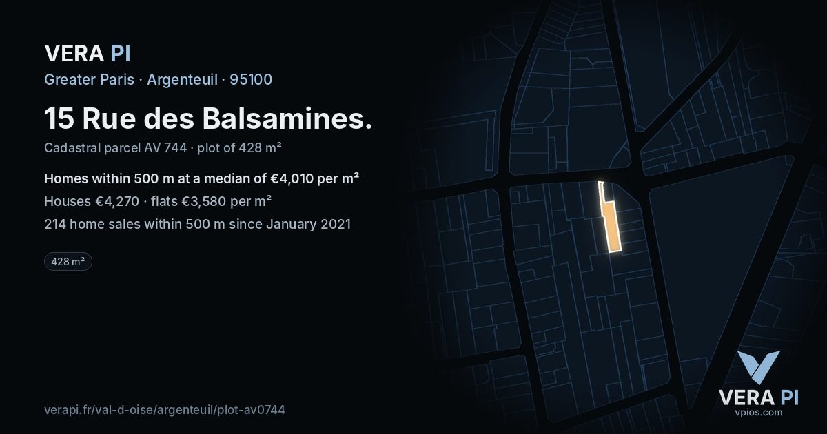 15 Rue des Balsamines, Argenteuil at night – the plot lit, the parcels around coloured by the prices near them