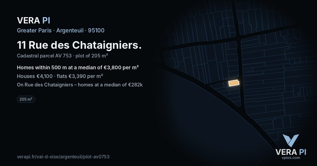 11 Rue des Chataigniers, Argenteuil at night – the plot lit, the parcels around coloured by the prices near them