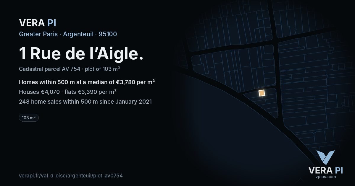 1 Rue de l’Aigle, Argenteuil at night – the plot lit, the parcels around coloured by the prices near them