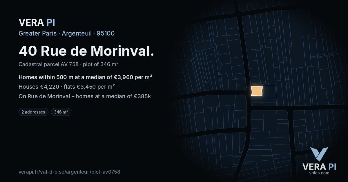 40 Rue de Morinval, Argenteuil at night – the plot lit, the parcels around coloured by the prices near them