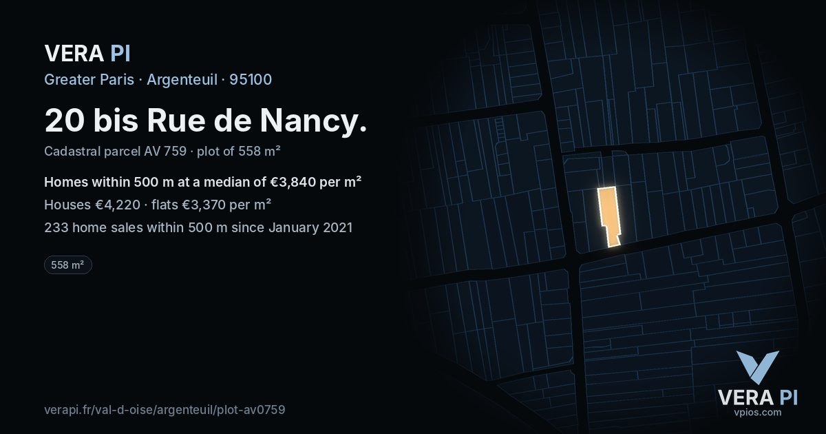 20 bis Rue de Nancy, Argenteuil at night – the plot lit, the parcels around coloured by the prices near them