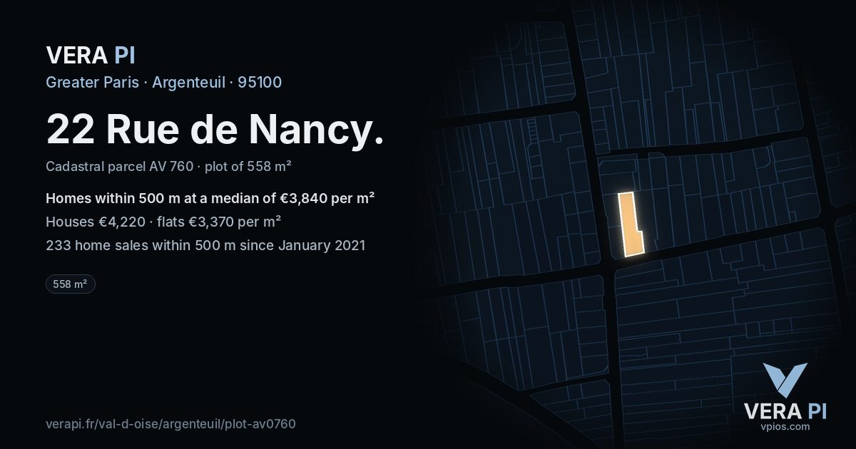 22 Rue de Nancy, Argenteuil at night – the plot lit, the parcels around coloured by the prices near them