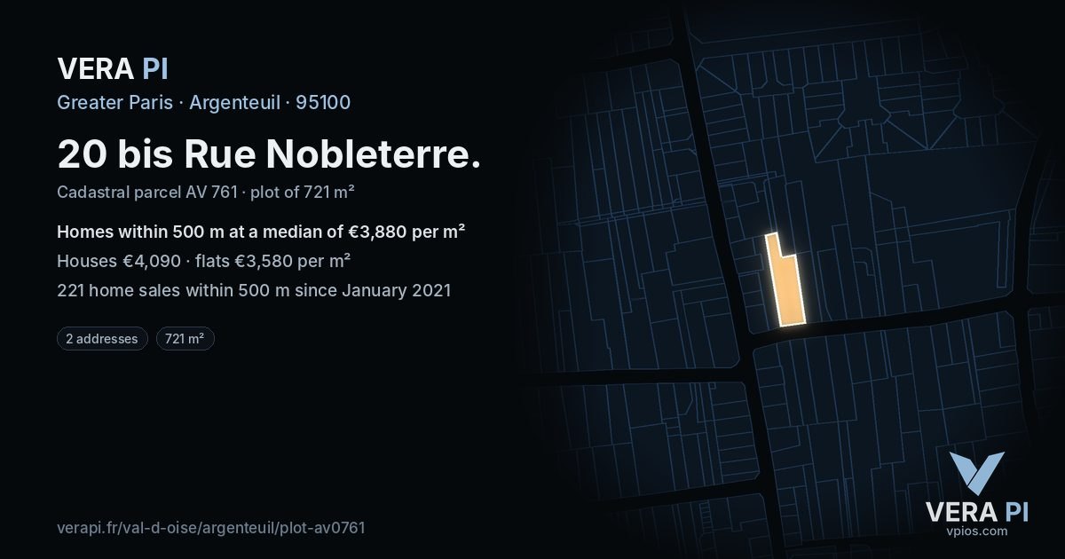 20 bis Rue Nobleterre, Argenteuil at night – the plot lit, the parcels around coloured by the prices near them