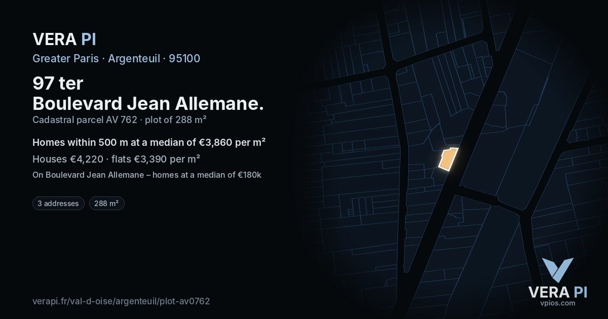 97 ter Boulevard Jean Allemane, Argenteuil at night – the plot lit, the parcels around coloured by the prices near them