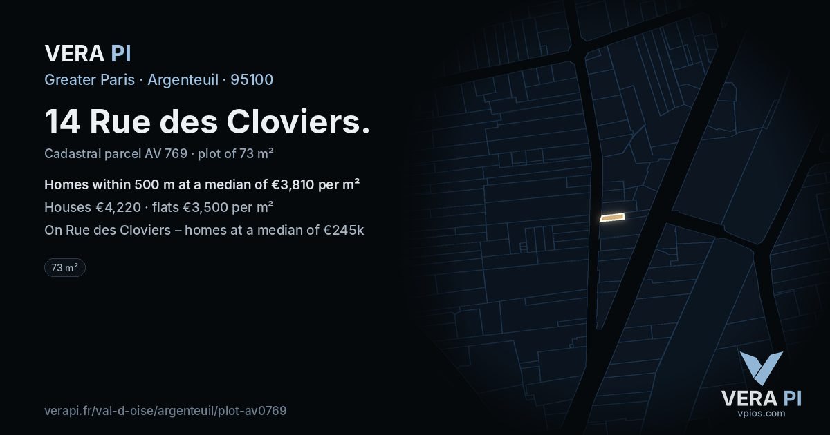 14 Rue des Cloviers, Argenteuil at night – the plot lit, the parcels around coloured by the prices near them