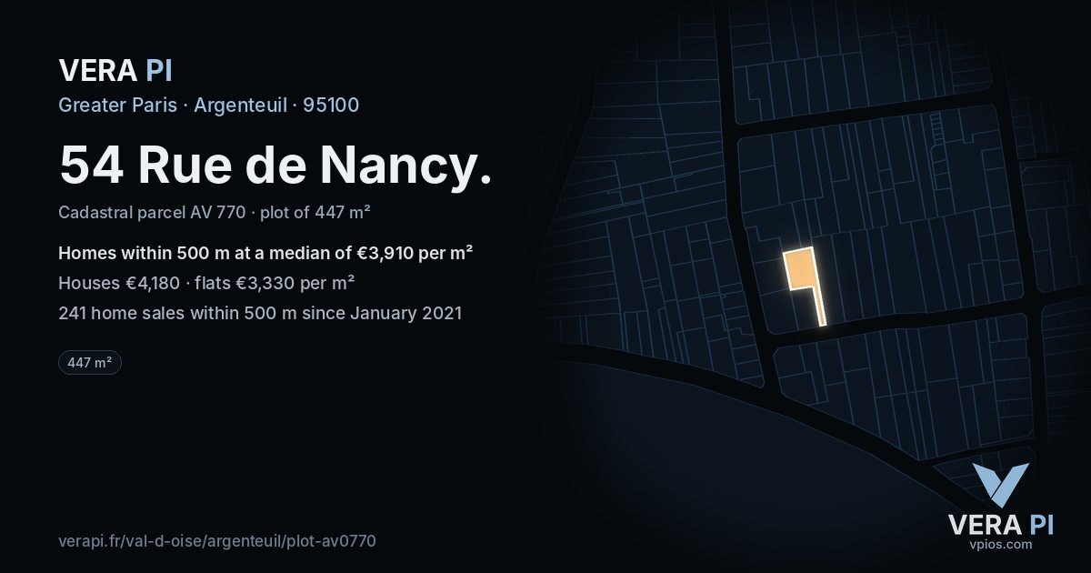 54 Rue de Nancy, Argenteuil at night – the plot lit, the parcels around coloured by the prices near them