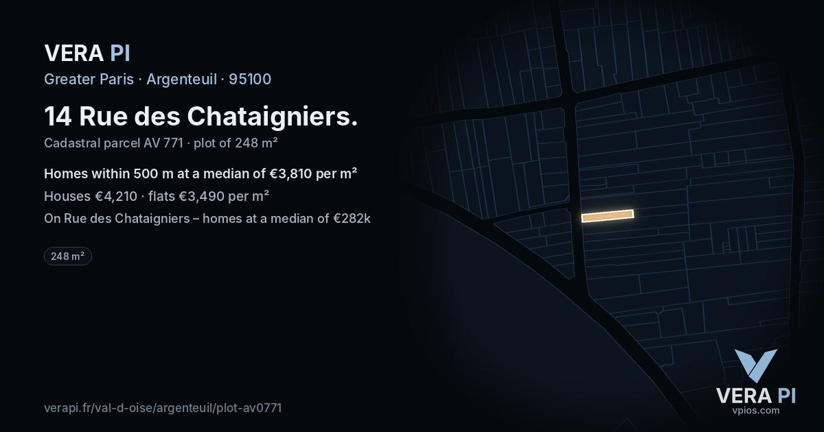 14 Rue des Chataigniers, Argenteuil at night – the plot lit, the parcels around coloured by the prices near them