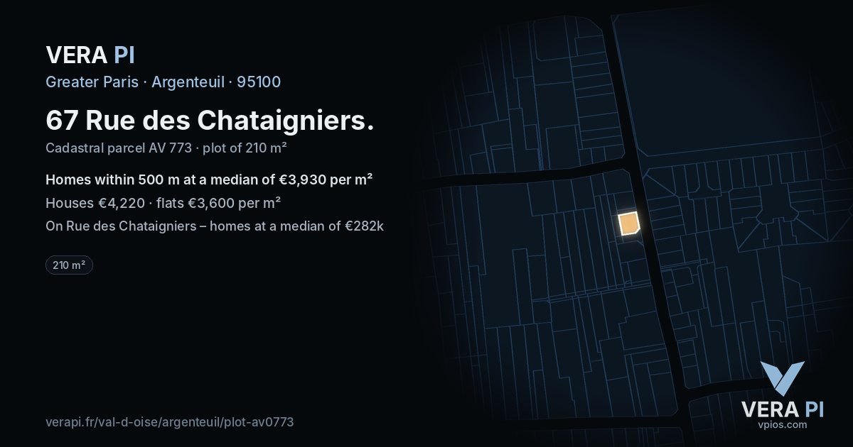 67 Rue des Chataigniers, Argenteuil at night – the plot lit, the parcels around coloured by the prices near them