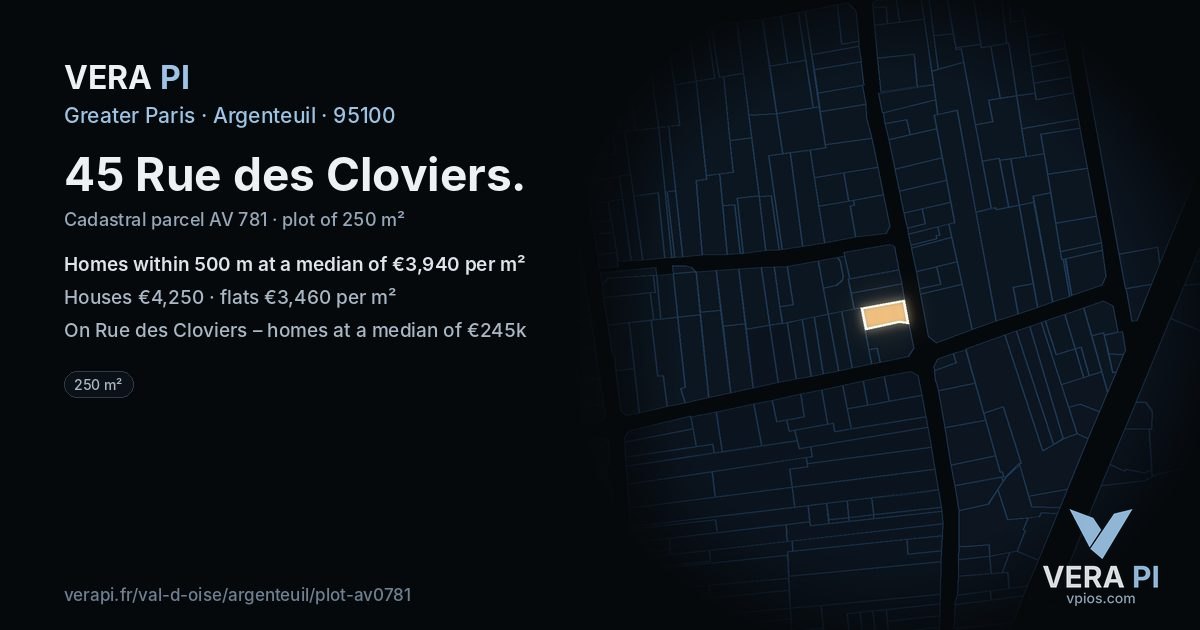 45 Rue des Cloviers, Argenteuil at night – the plot lit, the parcels around coloured by the prices near them