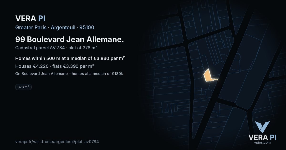 99 Boulevard Jean Allemane, Argenteuil at night – the plot lit, the parcels around coloured by the prices near them