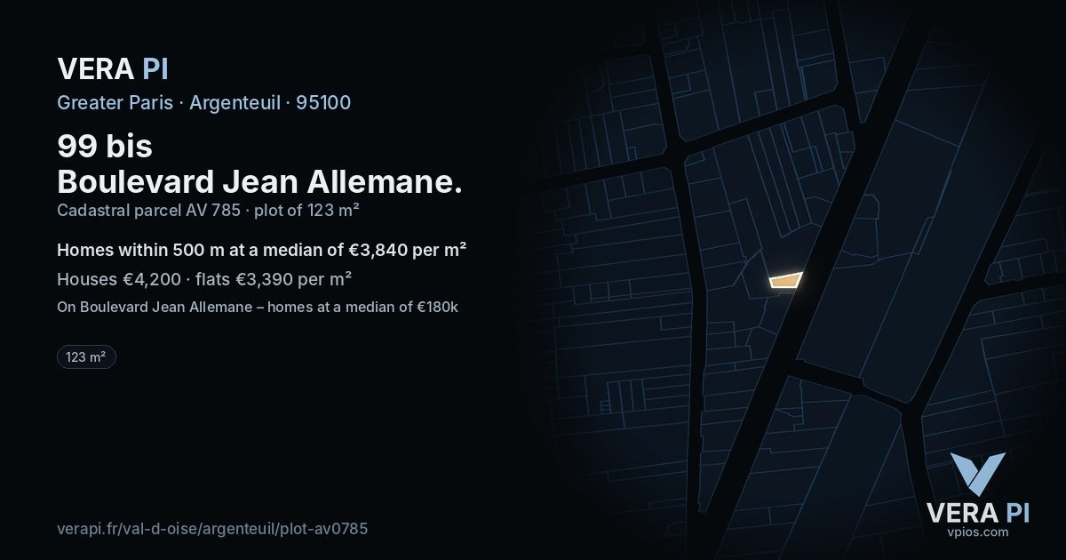 99 bis Boulevard Jean Allemane, Argenteuil at night – the plot lit, the parcels around coloured by the prices near them