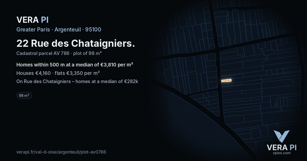 22 Rue des Chataigniers, Argenteuil at night – the plot lit, the parcels around coloured by the prices near them