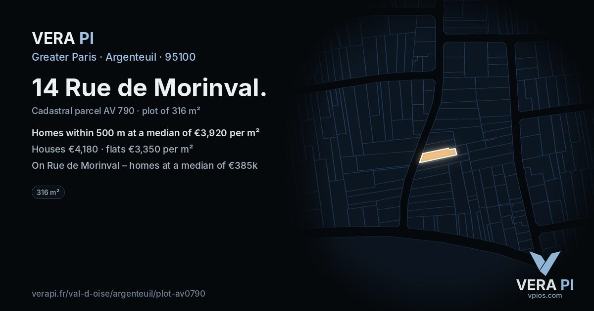 14 Rue de Morinval, Argenteuil at night – the plot lit, the parcels around coloured by the prices near them