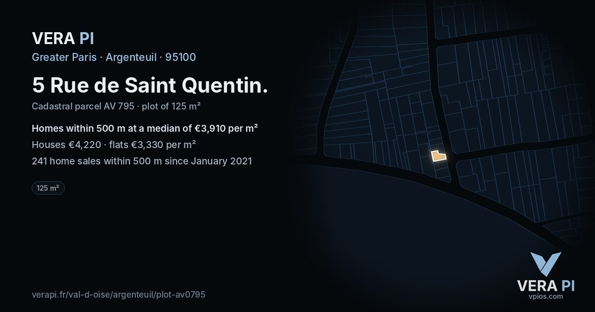 5 Rue de Saint Quentin, Argenteuil at night – the plot lit, the parcels around coloured by the prices near them