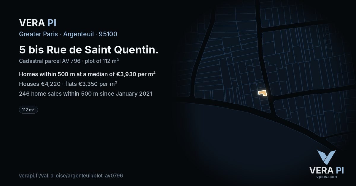 5 bis Rue de Saint Quentin, Argenteuil at night – the plot lit, the parcels around coloured by the prices near them