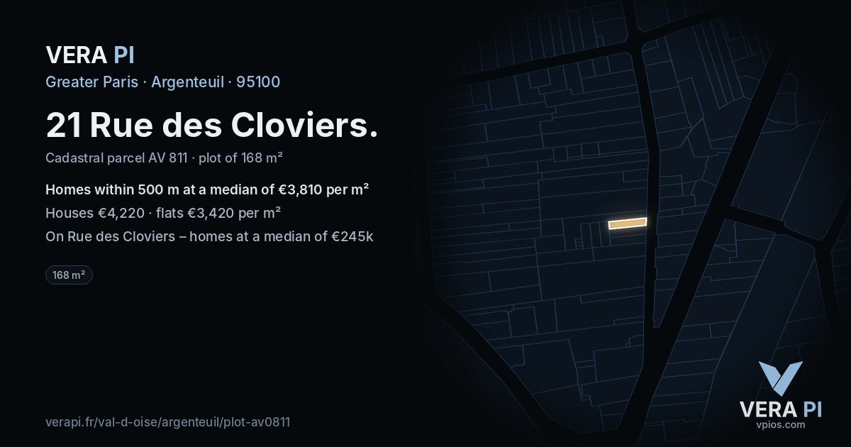 21 Rue des Cloviers, Argenteuil at night – the plot lit, the parcels around coloured by the prices near them