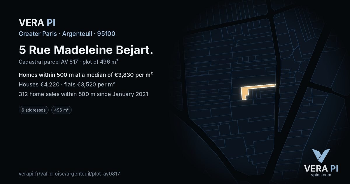 5 Rue Madeleine Bejart, Argenteuil at night – the plot lit, the parcels around coloured by the prices near them