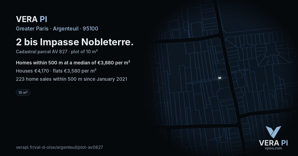 2 bis Impasse Nobleterre, Argenteuil at night – the plot lit, the parcels around coloured by the prices near them