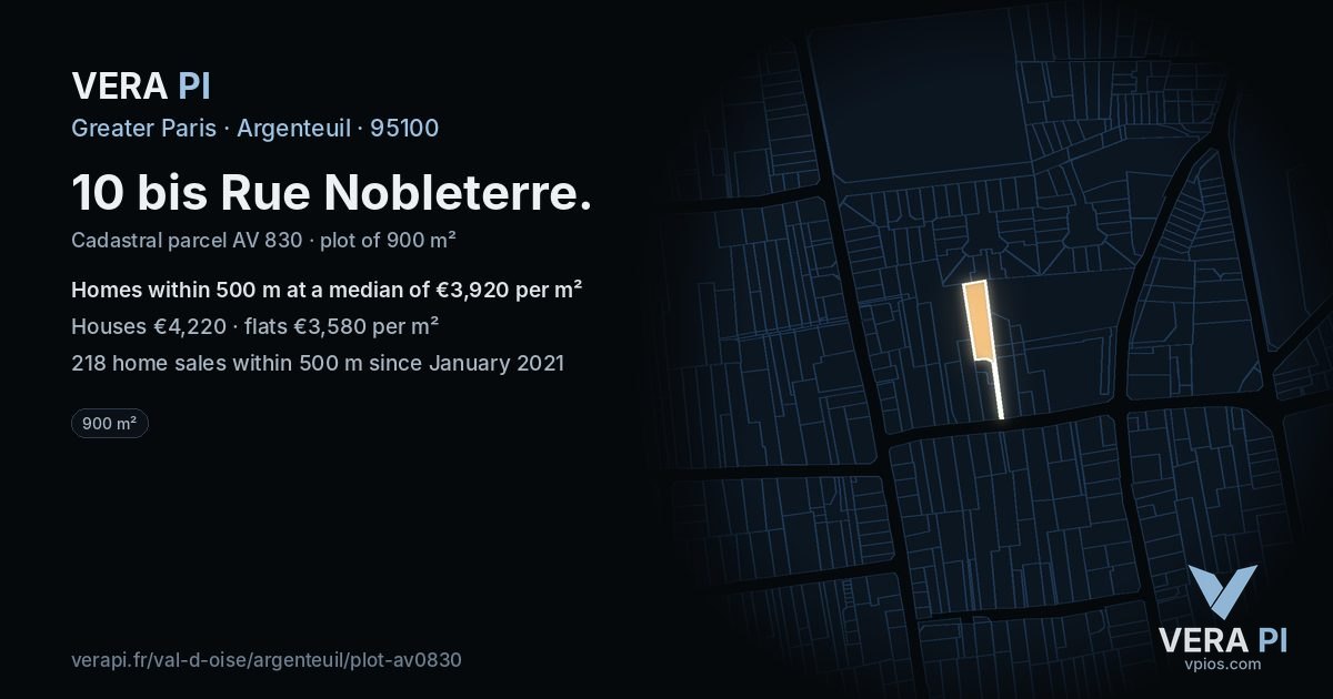 10 bis Rue Nobleterre, Argenteuil at night – the plot lit, the parcels around coloured by the prices near them