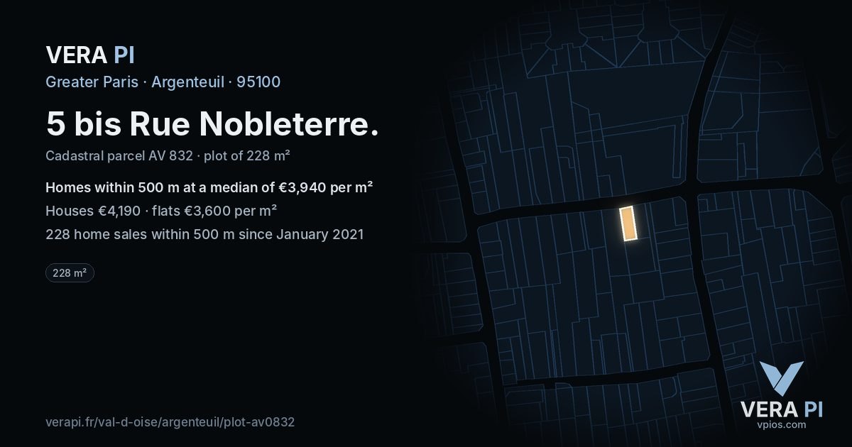 5 bis Rue Nobleterre, Argenteuil at night – the plot lit, the parcels around coloured by the prices near them