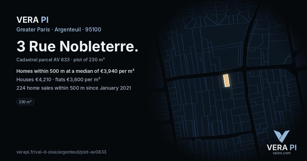 3 Rue Nobleterre, Argenteuil at night – the plot lit, the parcels around coloured by the prices near them