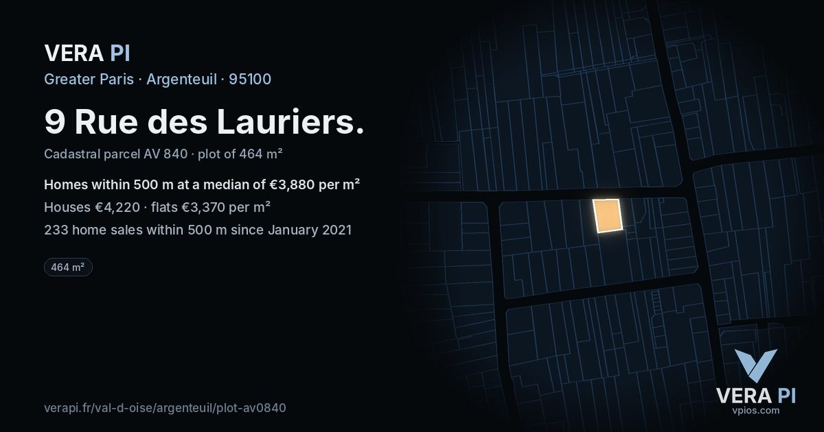 9 Rue des Lauriers, Argenteuil at night – the plot lit, the parcels around coloured by the prices near them