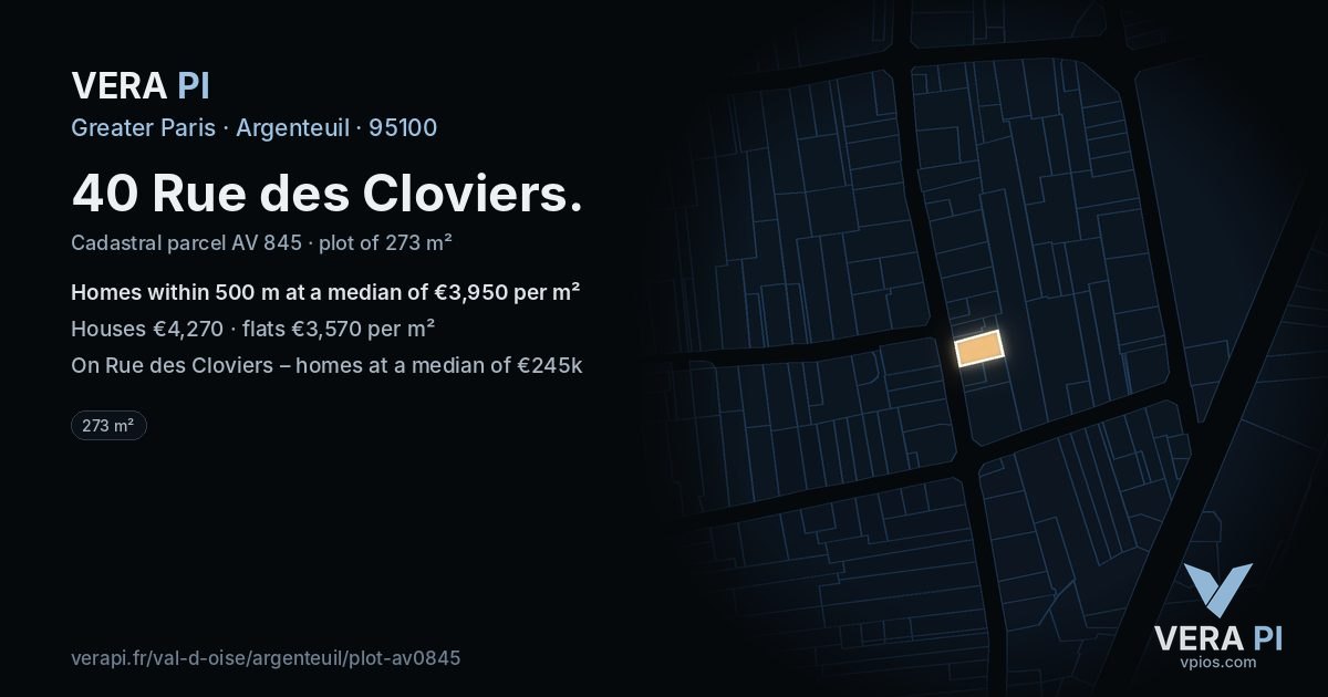 40 Rue des Cloviers, Argenteuil at night – the plot lit, the parcels around coloured by the prices near them
