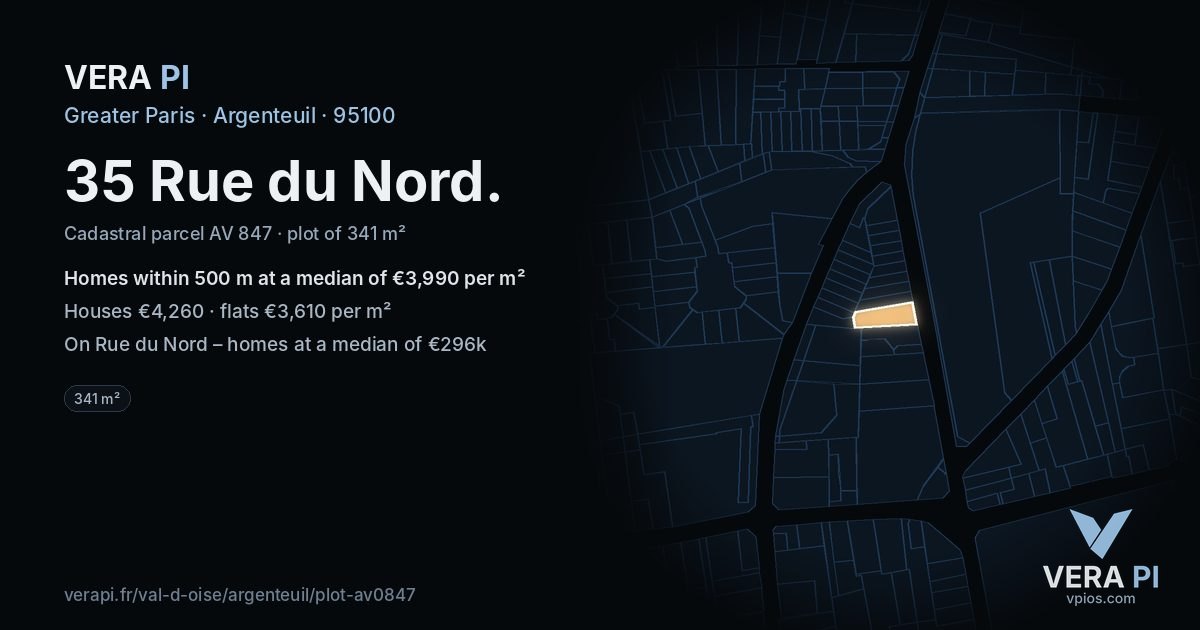 35 Rue du Nord, Argenteuil at night – the plot lit, the parcels around coloured by the prices near them