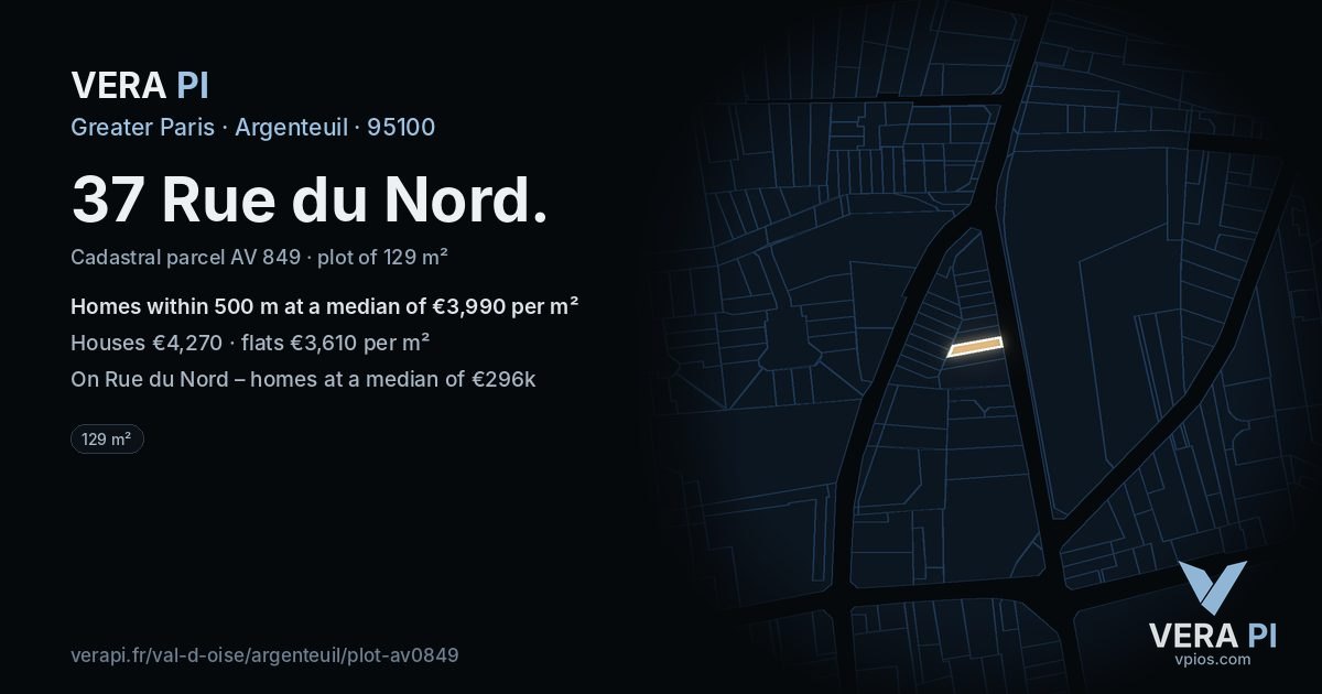 37 Rue du Nord, Argenteuil at night – the plot lit, the parcels around coloured by the prices near them